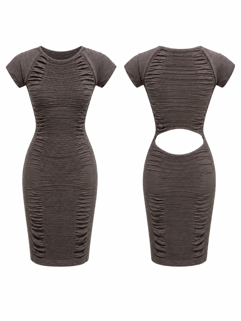 Aura Mauve Ruched Bodycon Midi Dress Open Back Cutout Stretch S/M
